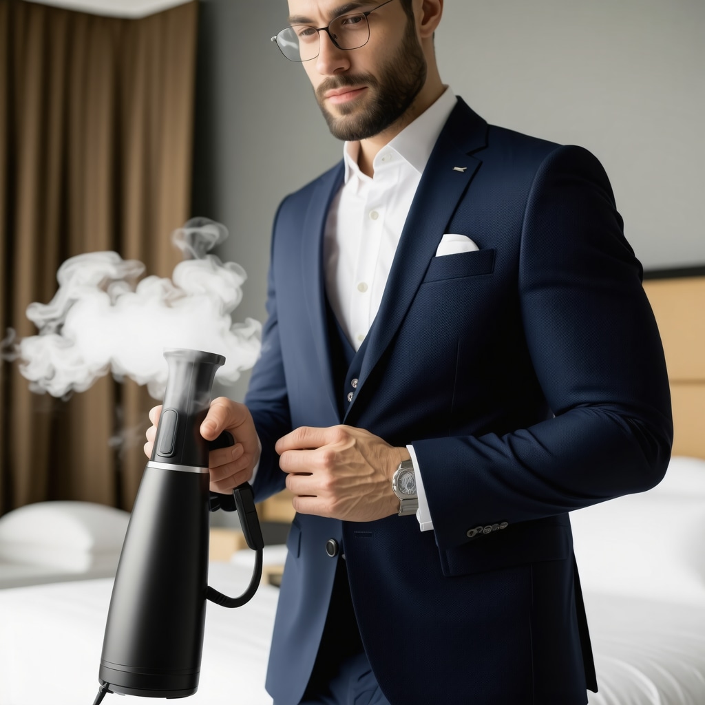 Man steaming suit in hotel room with portable steamer