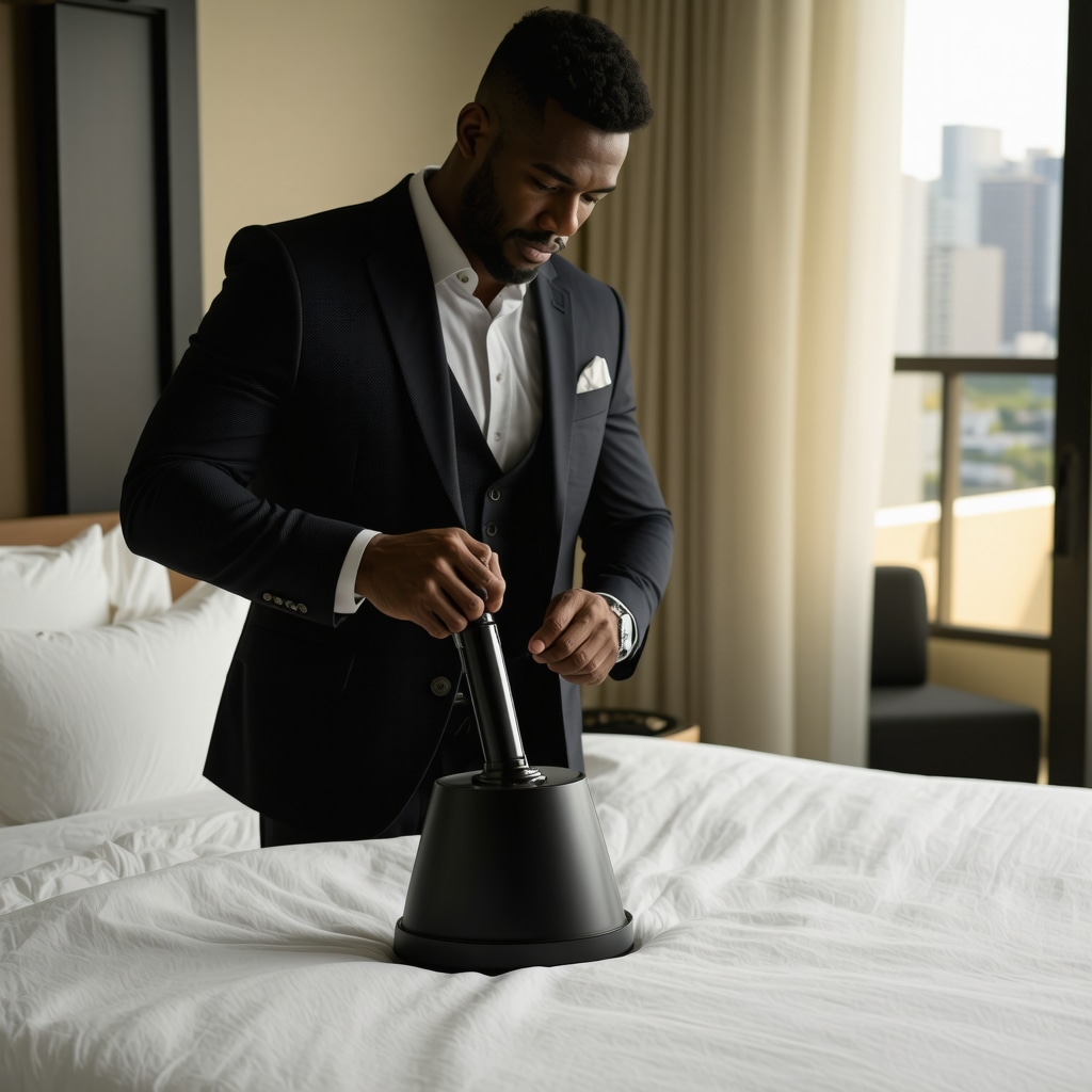 Traveler steaming suit in Tampa Bay hotel room