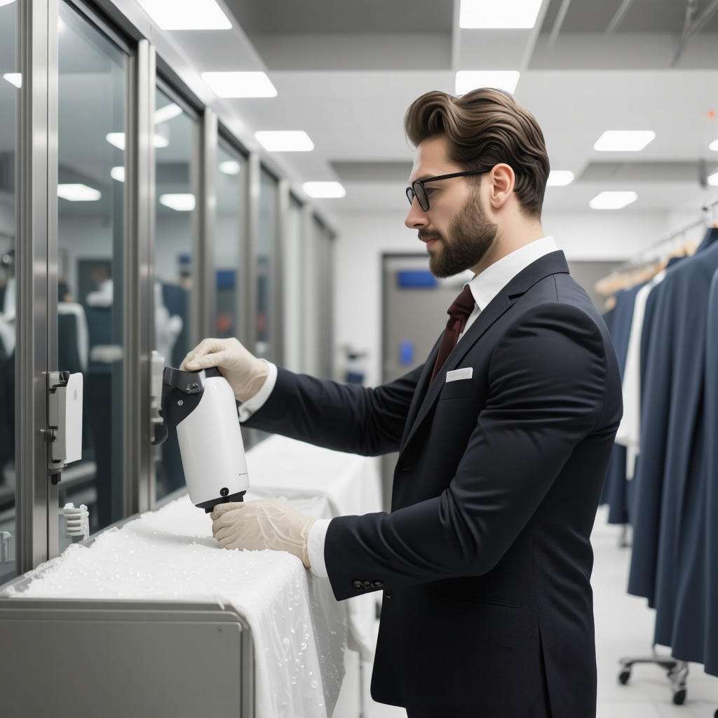Technician operating ultrasonic cleaning equipment for suits.