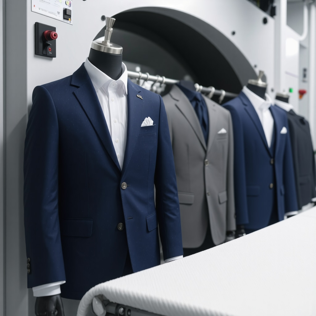 Technician using ultrasonic cleaning machine on wool suits in Tampa Bay dry cleaning facility