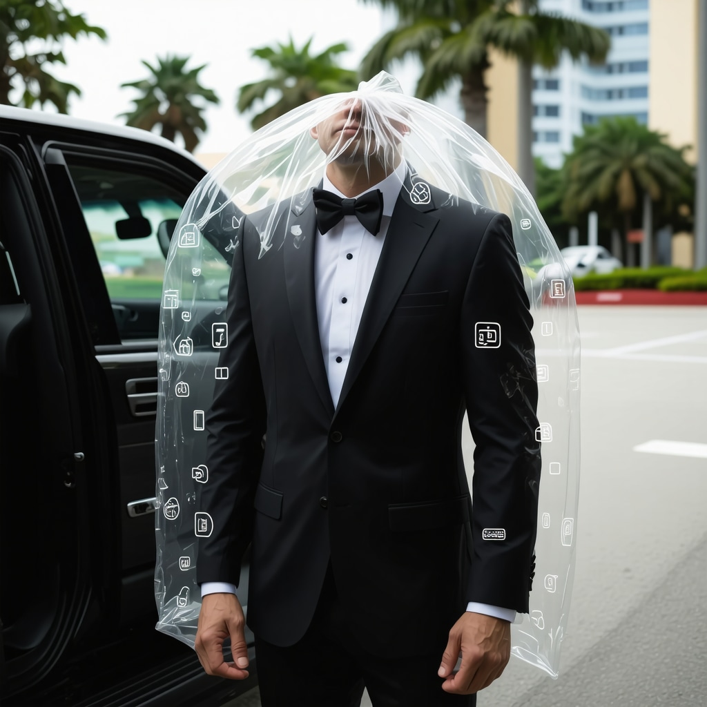 Suit in humidity-regulating garment bag with digital tracking overlay and luxury delivery vehicle in background