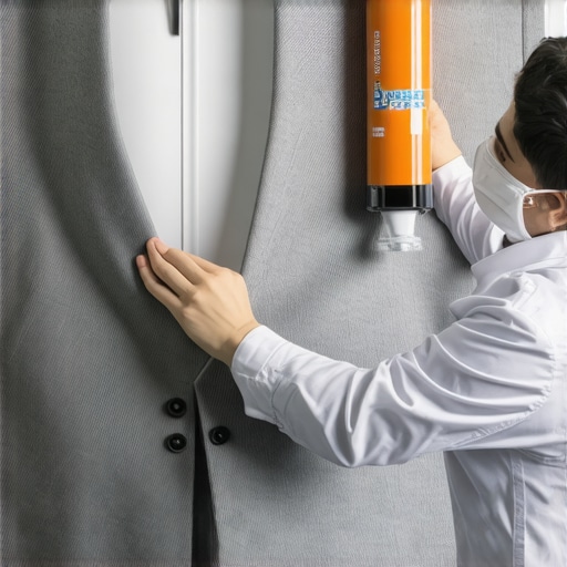 Professional applying fabric protection to a high-end suit in a cleaning facility.