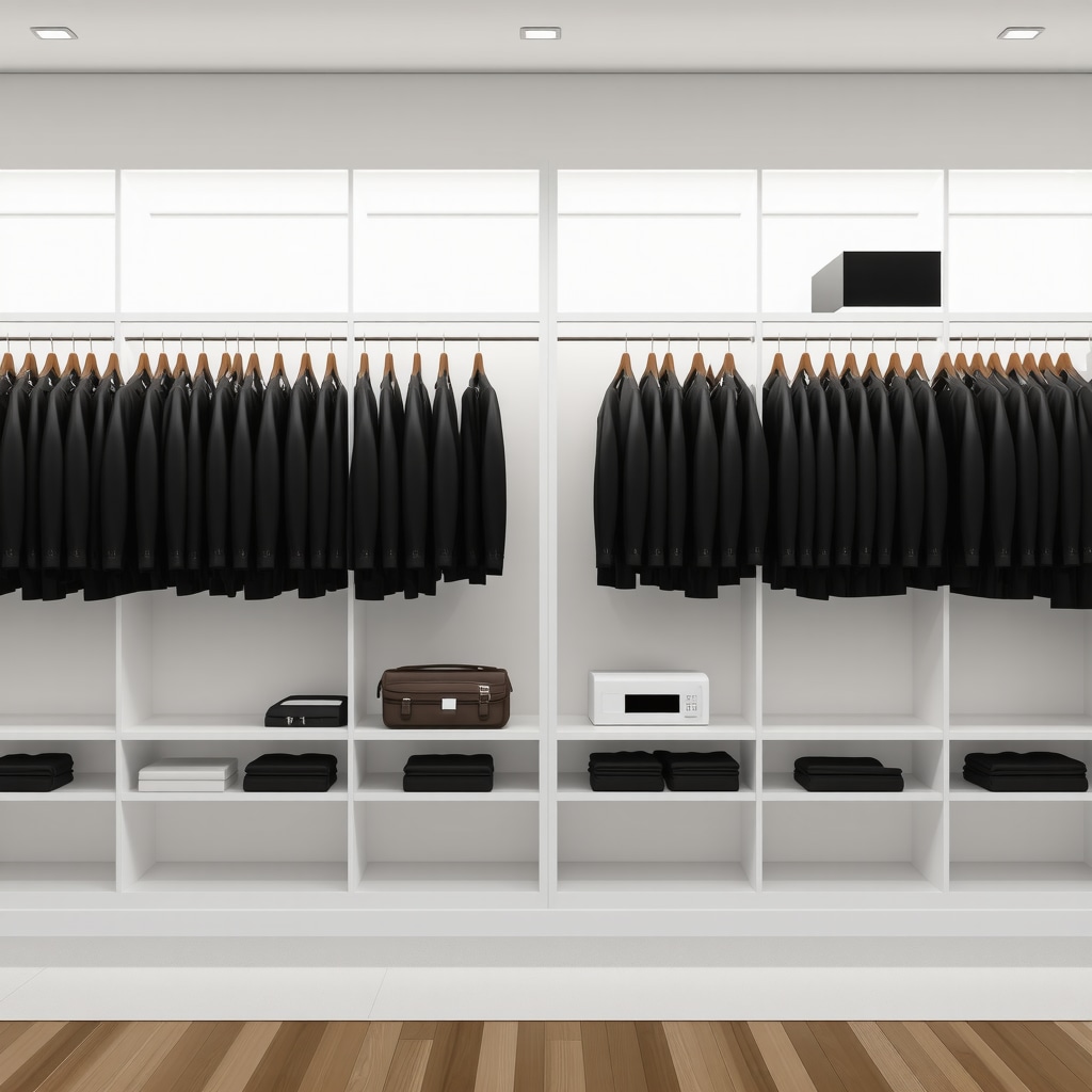 Closet with climate-controlled suit storage, natural fiber garment bags, and dehumidifiers in a Tampa Bay home.