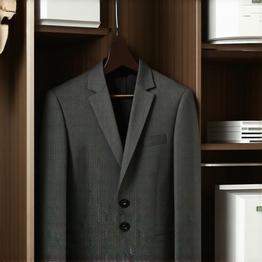 Suit hanging in a climate-controlled wardrobe with dehumidifier in background