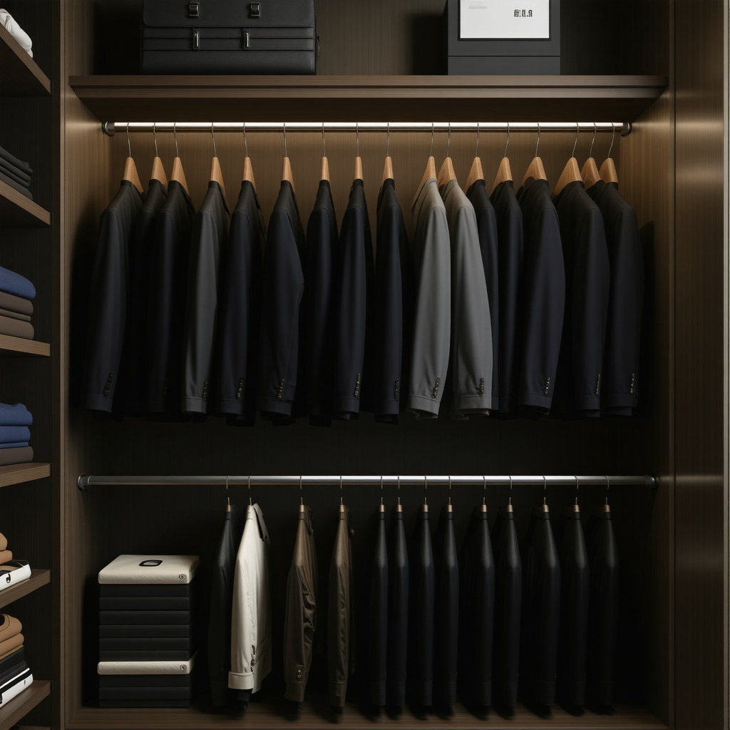 A modern closet with dehumidifier and suits in Tampa