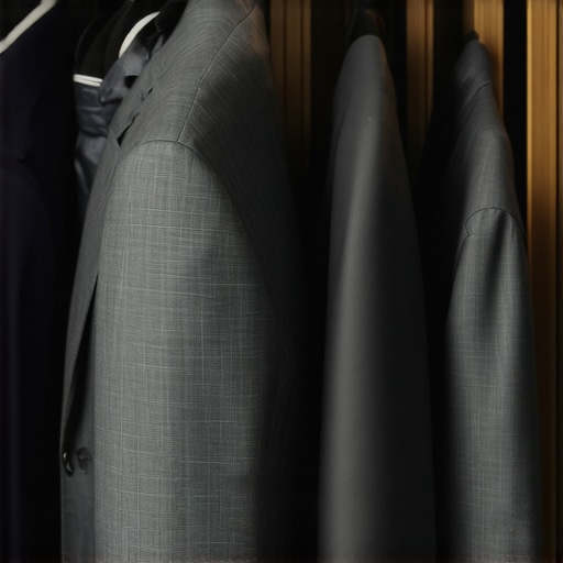 Wool and linen suits stored properly in a clean closet with breathable covers for longevity.