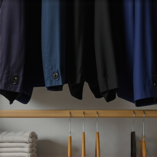 Wardrobe with suits on breathable hangers in a clean, eco-conscious storage setup.