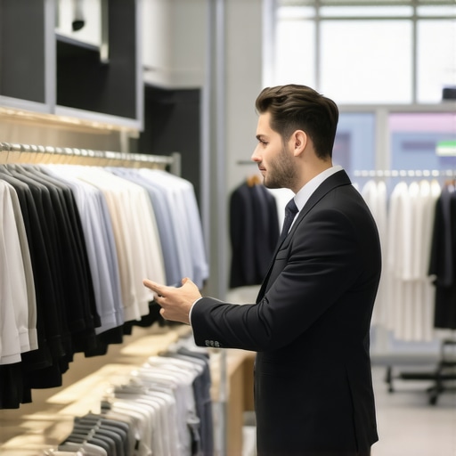 Professional suit cleaner inspecting garments at a modern dry cleaning facility.
