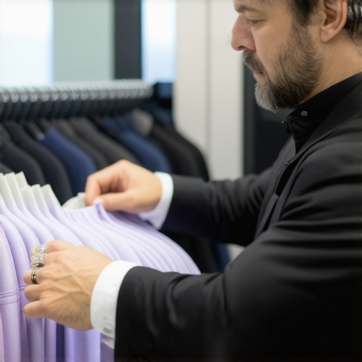 Textile expert inspecting silk and wool suits in dry cleaning process