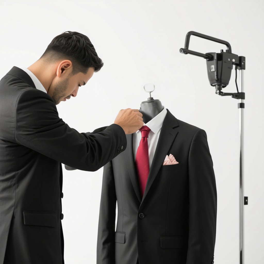 Dry cleaner carefully pressing a wedding suit with steam in a professional setting.