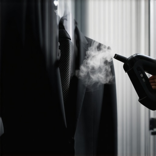 A person using a handheld steamer to carefully steam a suit inside a well-lit closet.