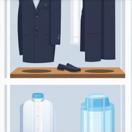 Illustration of suit storage setup with moisture absorbers and climate monitoring equipment