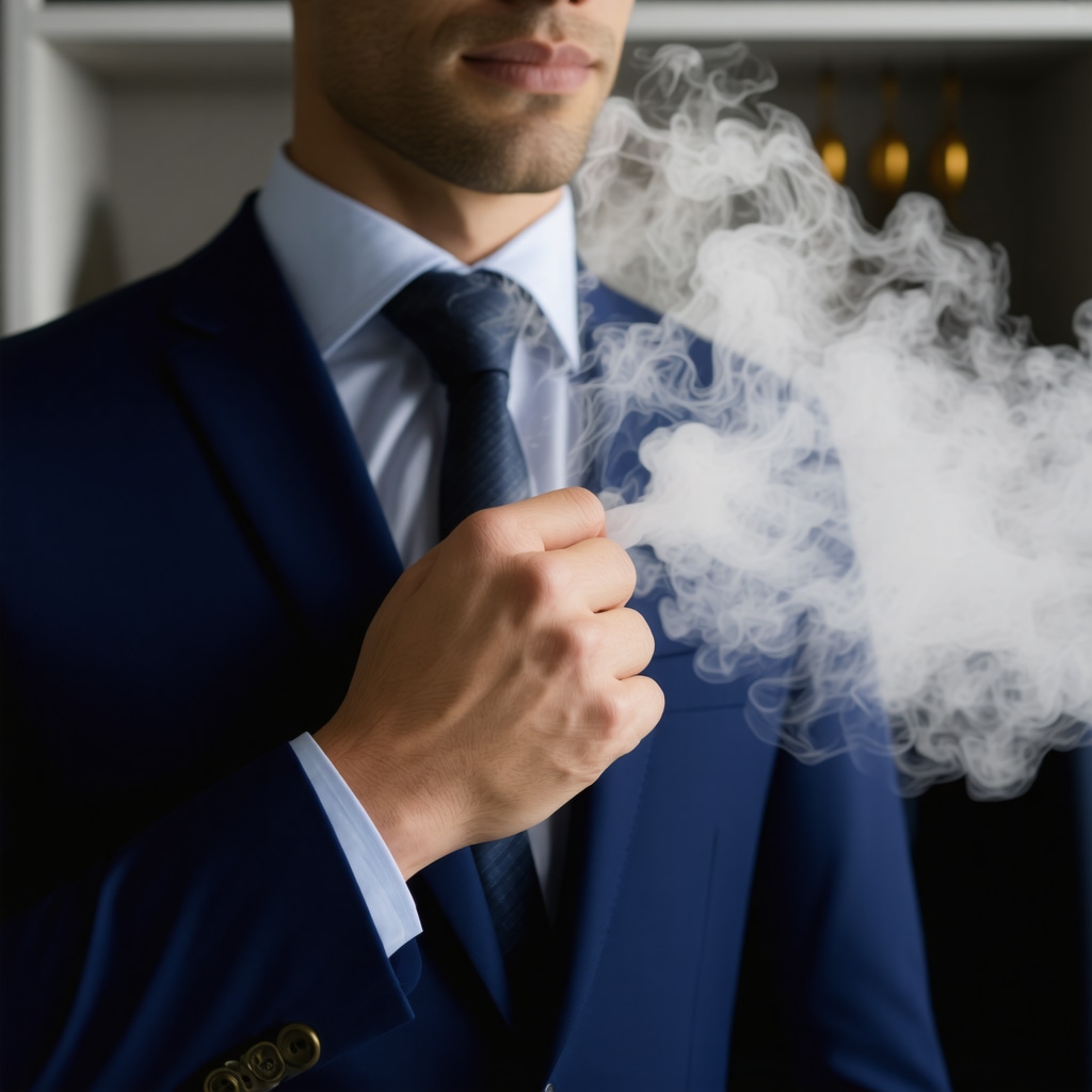 A professional steamer gently steaming a navy suit in a bright, modern wardrobe