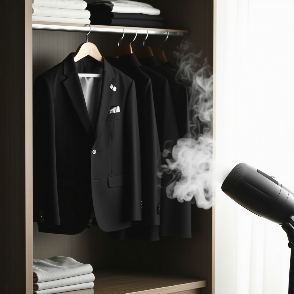 Suit on hanger with steaming equipment in closet, emphasizing suit preservation techniques.