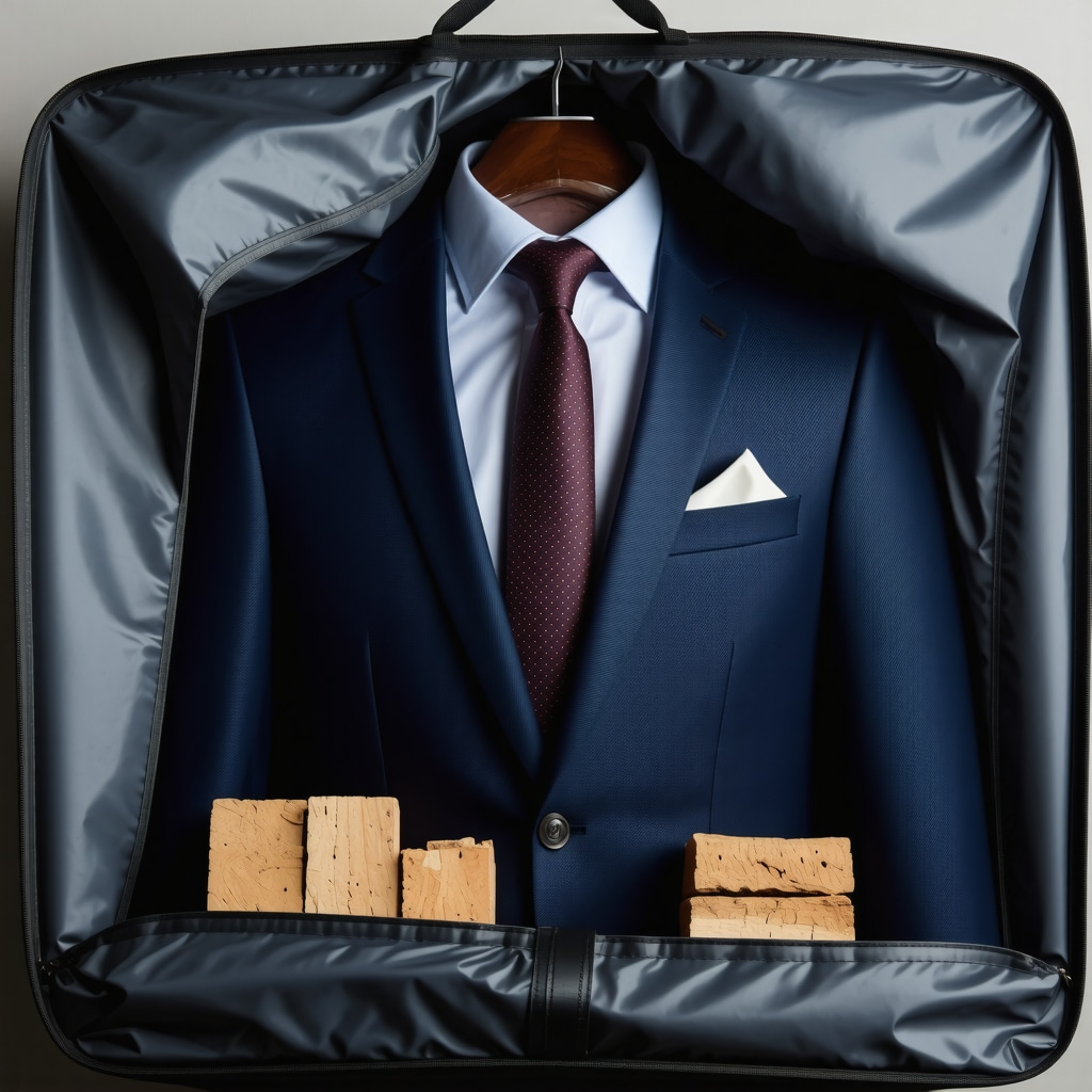 A neatly stored suit in a breathable garment bag, cedarwood blocks, and moisture absorbers to prevent humidity damage.