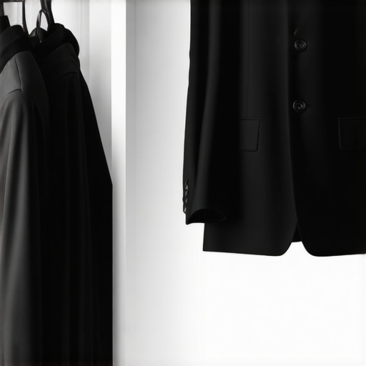 Suit stored on padded hanger in breathable garment cover, maintaining shape.