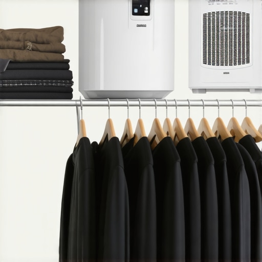 Wardrobe with suits on padded hangers and dehumidifiers for optimal storage