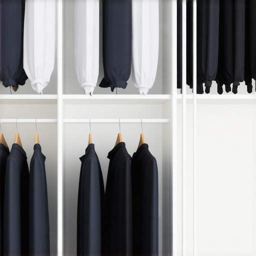 Wardrobe with suits stored in breathable garment bags in a cool, dry space.