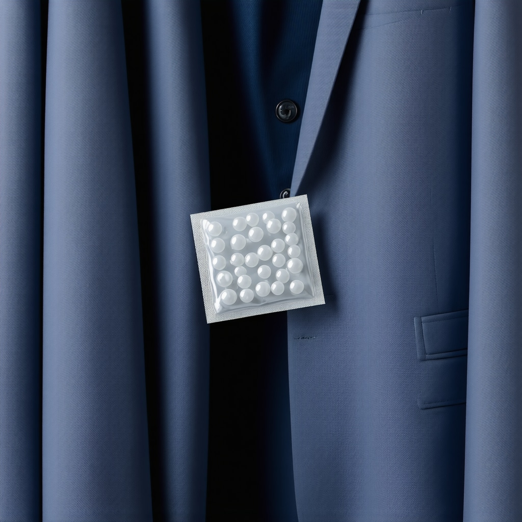 Close-up of silica gel packs in a wardrobe