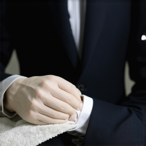 Illustration of eco-friendly suit cleaning with green solvents and fabric preservation tools
