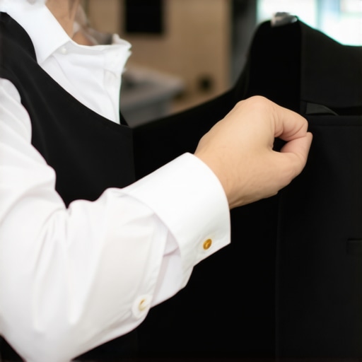 Eco-conscious dry cleaner carefully inspecting a wool suit with gentle tools in a modern Tampa Bay facility.