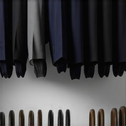 A closet showing suits hanging on sturdy wide-shoulder hangers in a climate-controlled environment, emphasizing proper storage techniques.