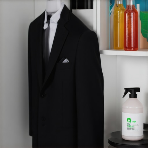 Close-up of a finely tailored suit hanging in a closet with eco-friendly cleaning supplies.