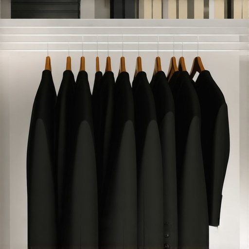 Closet with suits on hangers in a well-lit, ventilated space for optimal preservation