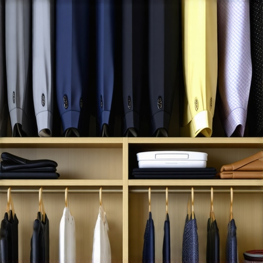 A wardrobe with suit storage setup including breathable garment bags, padded hangers, and climate control devices.