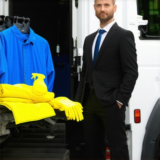 A suit cleaning professional with eco-friendly solvents and a delivery van ready for pickup
