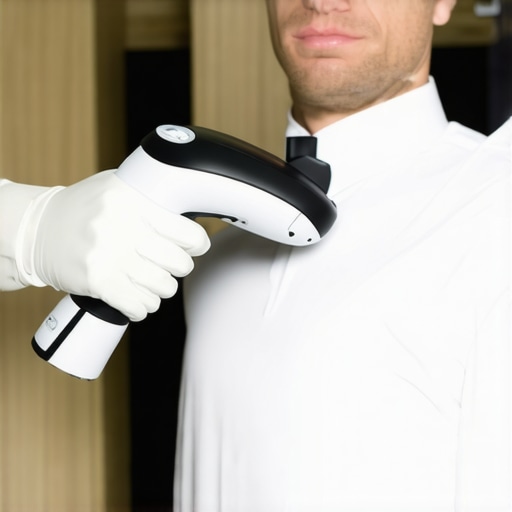 A person steaming a suit with a handheld device in a well-lit closet