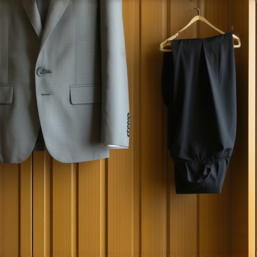 Stylish suit on hanger emphasizing eco-friendly dry cleaning