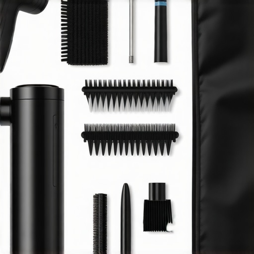 Close-up of suit care tools like steamer, hanger, and garment bag arranged neatly.