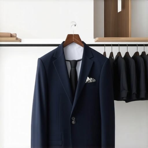 Proper Suit Storage in Tampa Bay Suit hanging on a padded hanger in a well-organized closet to prevent wrinkles and fabric damage.