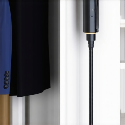 A high-quality garment steamer and padded suit hanger demonstrating professional suit maintenance