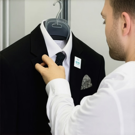 A technician carefully examines suits and their care labels for proper cleaning instructions.