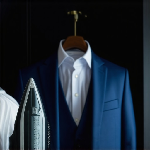 Expert suit pressing in a modern closet Suit being pressed in a professional setting with iron and steamer