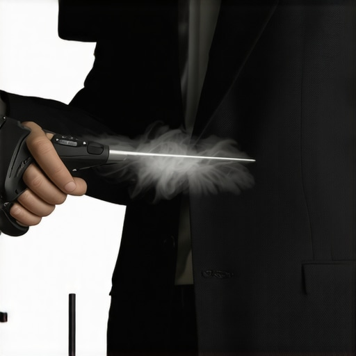 A person's hand holding a garment steamer and steaming a men's suit in a clean, well-lit room.