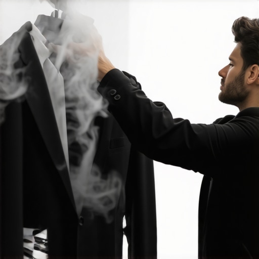A dry cleaner attends to a suit using eco-friendly methods in a professional setting.