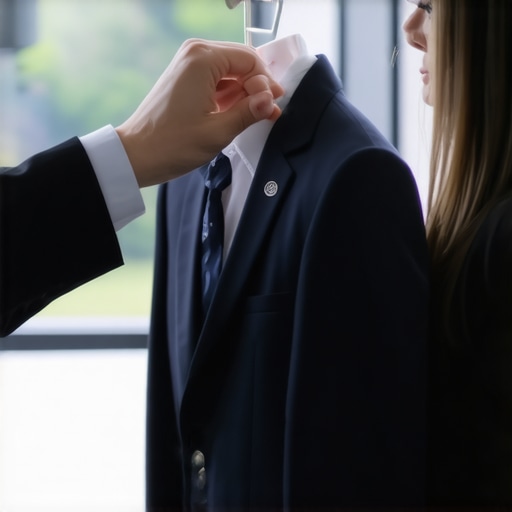 A professional worker hanging a suit on a wide-shoulder hanger in a clean, organized dry cleaning shop.