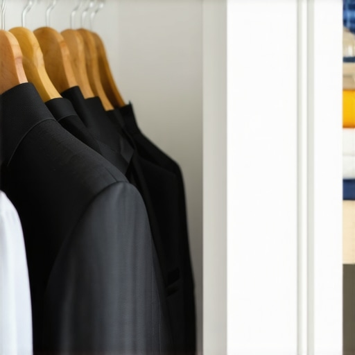 A professional fabric steamer and padded suit hangers supporting a well-maintained suit