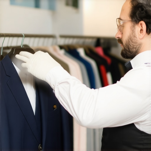 Expert suit steaming in progress Tailor steaming a suit with professional equipment in a boutique setting.