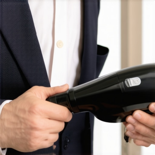A sleek handheld steamer efficiently steaming a tailored suit, emphasizing eco-friendly fabric maintenance tools.