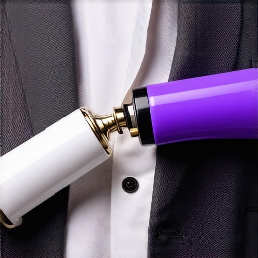 A professional suit steamer being used on a wool suit and a lint roller nearby on a tailoring table
