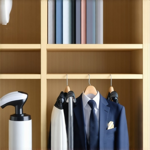 Close-up of suit cleaning tools including steamer, lint roller, and garment bag.