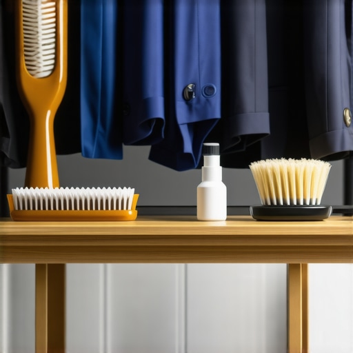 Collection of eco-friendly suit cleaning tools including a steamer, brushes, and stain removers in a professional setting.