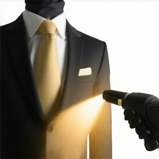 Hand holding a fabric steamer steaming a tailored suit.